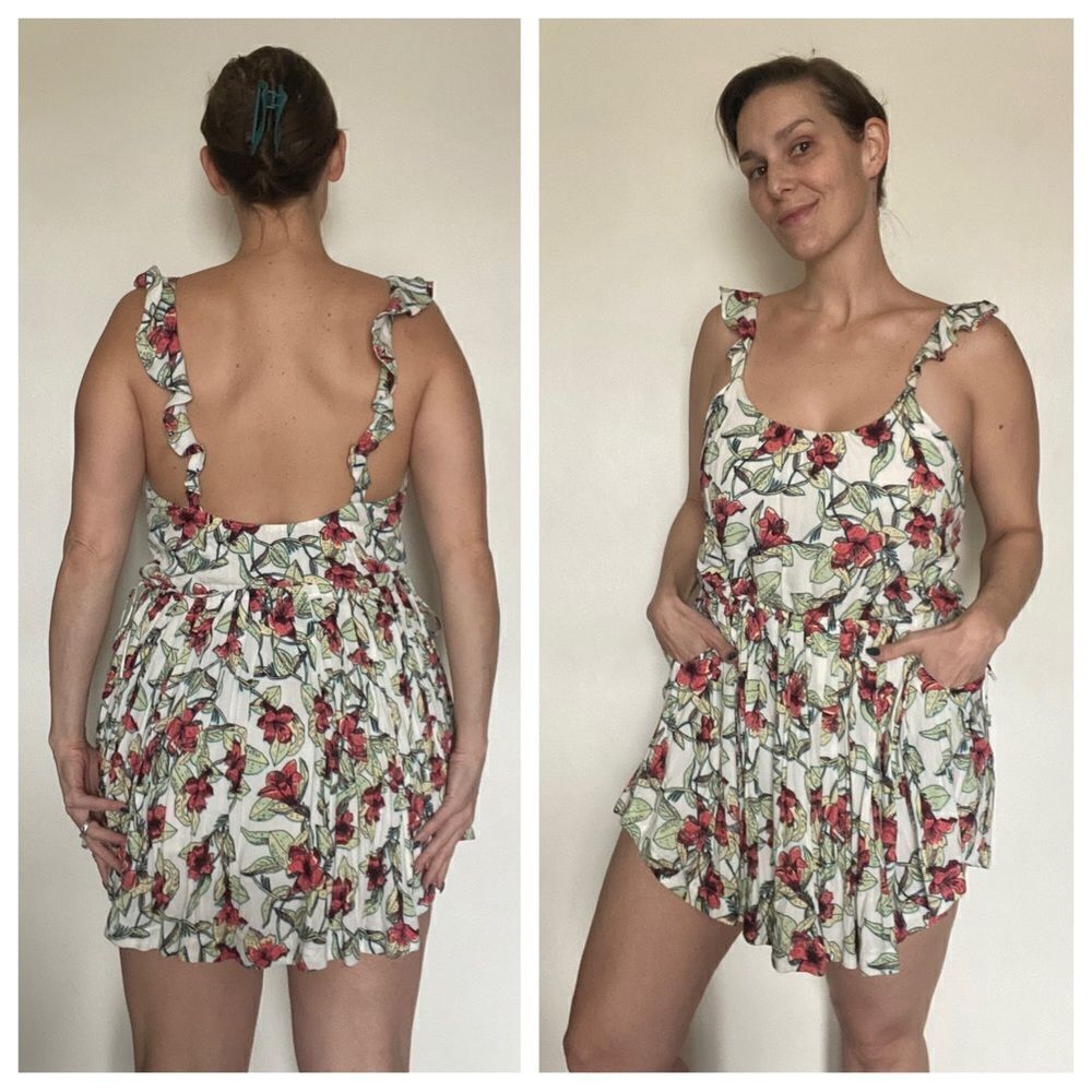 Free People Ruffle Floral Mini Dress Pockets Bohemian XS Oversized